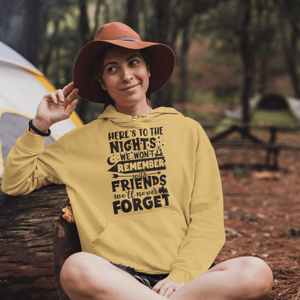 Introducing our gender neutral camping-themed hoodie with a statement that captures the essence of unforgettable memories shared with friends.